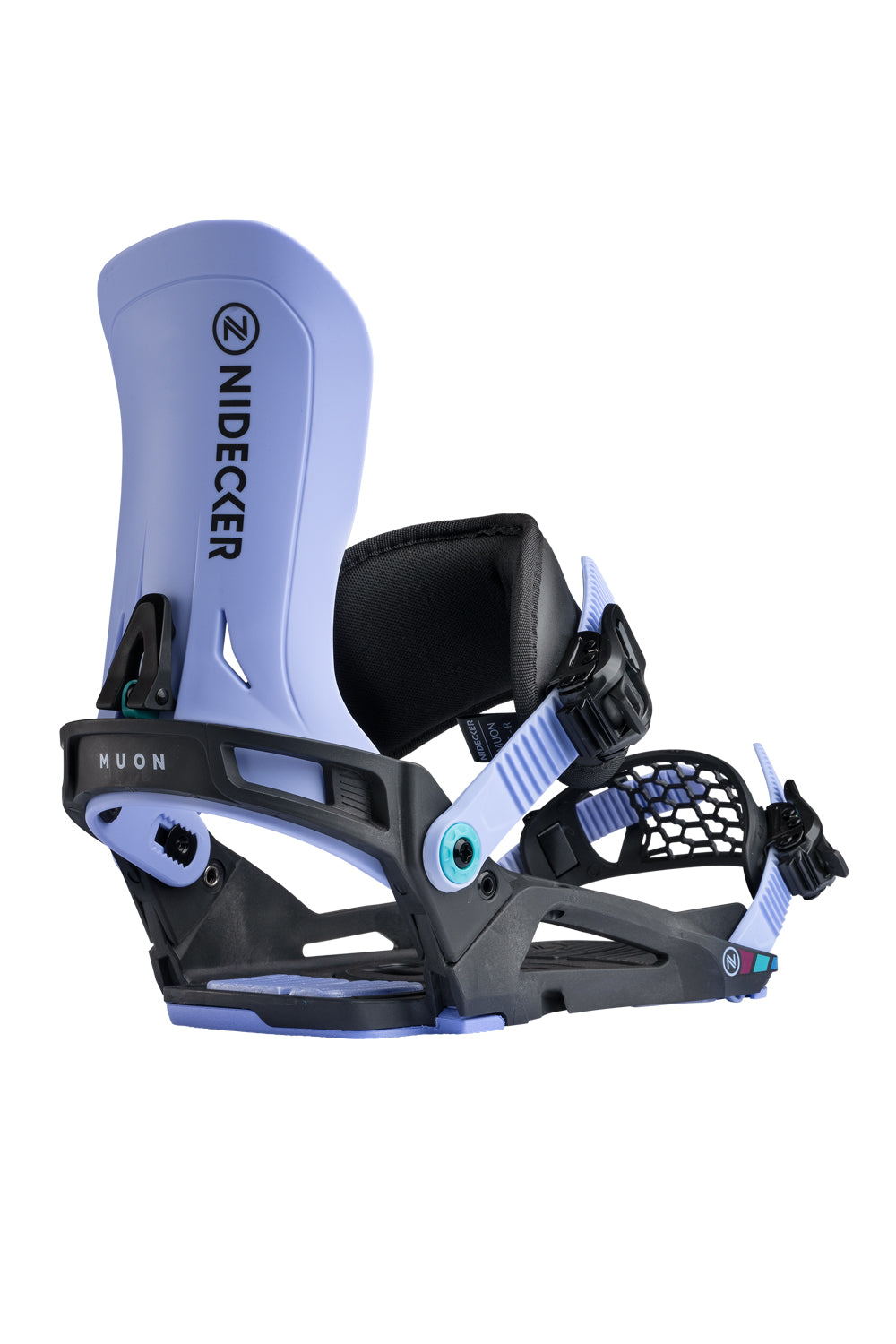 Nidecker snowboard binding, purple and black, on a white background