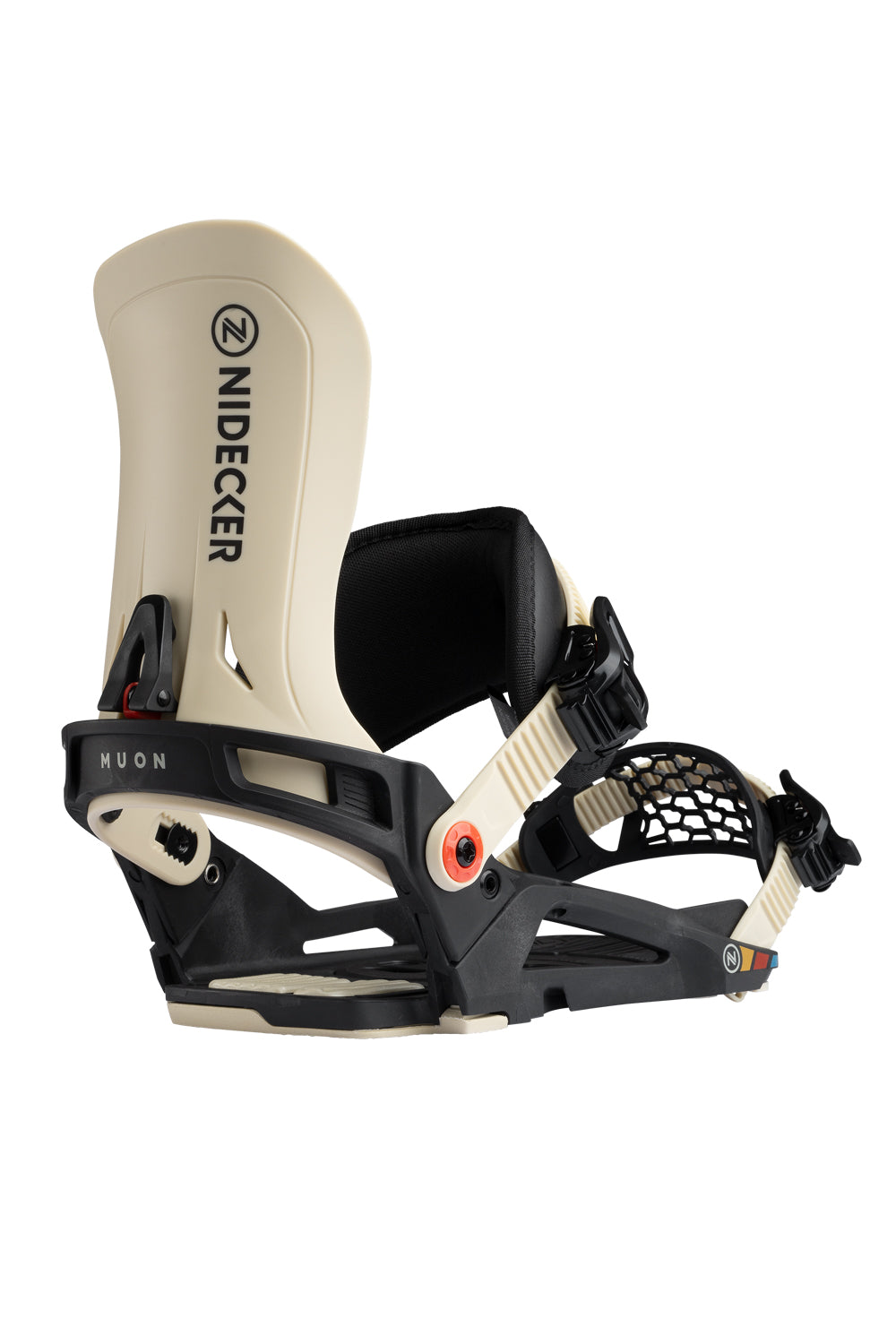 Nidecker snowboard binding, sand and black, on a white background