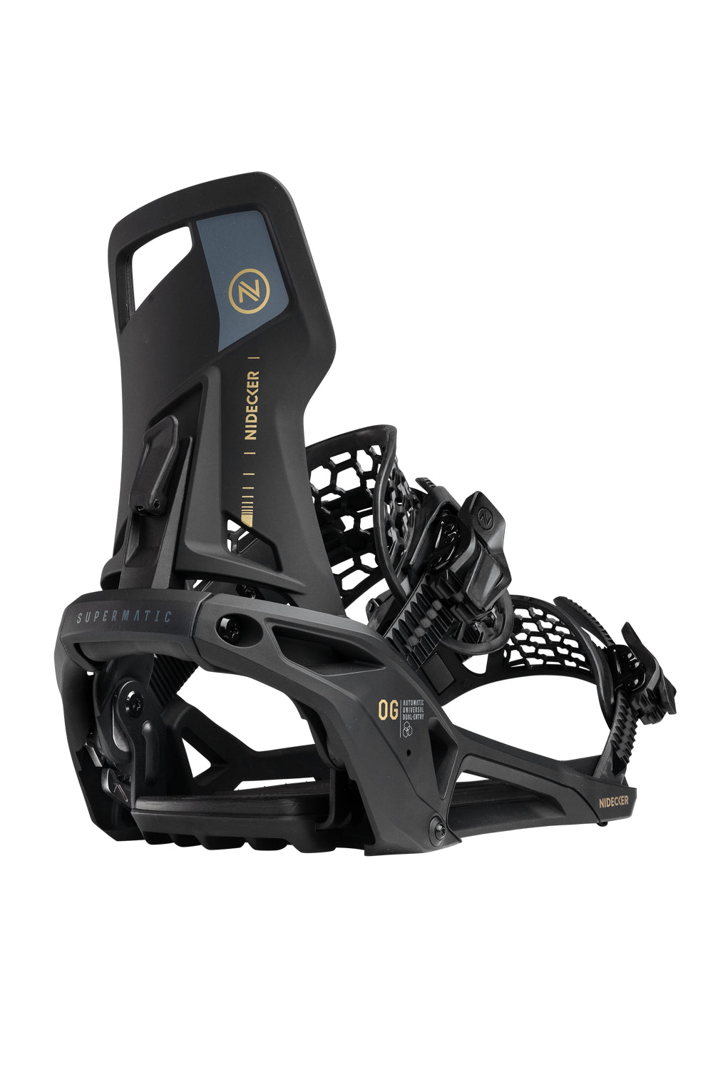 Black snowboard binding with Nidecker logo on a white background