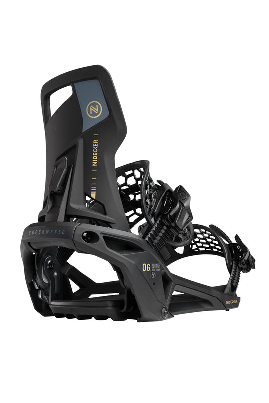 Black snowboard binding with Nidecker logo on a white background