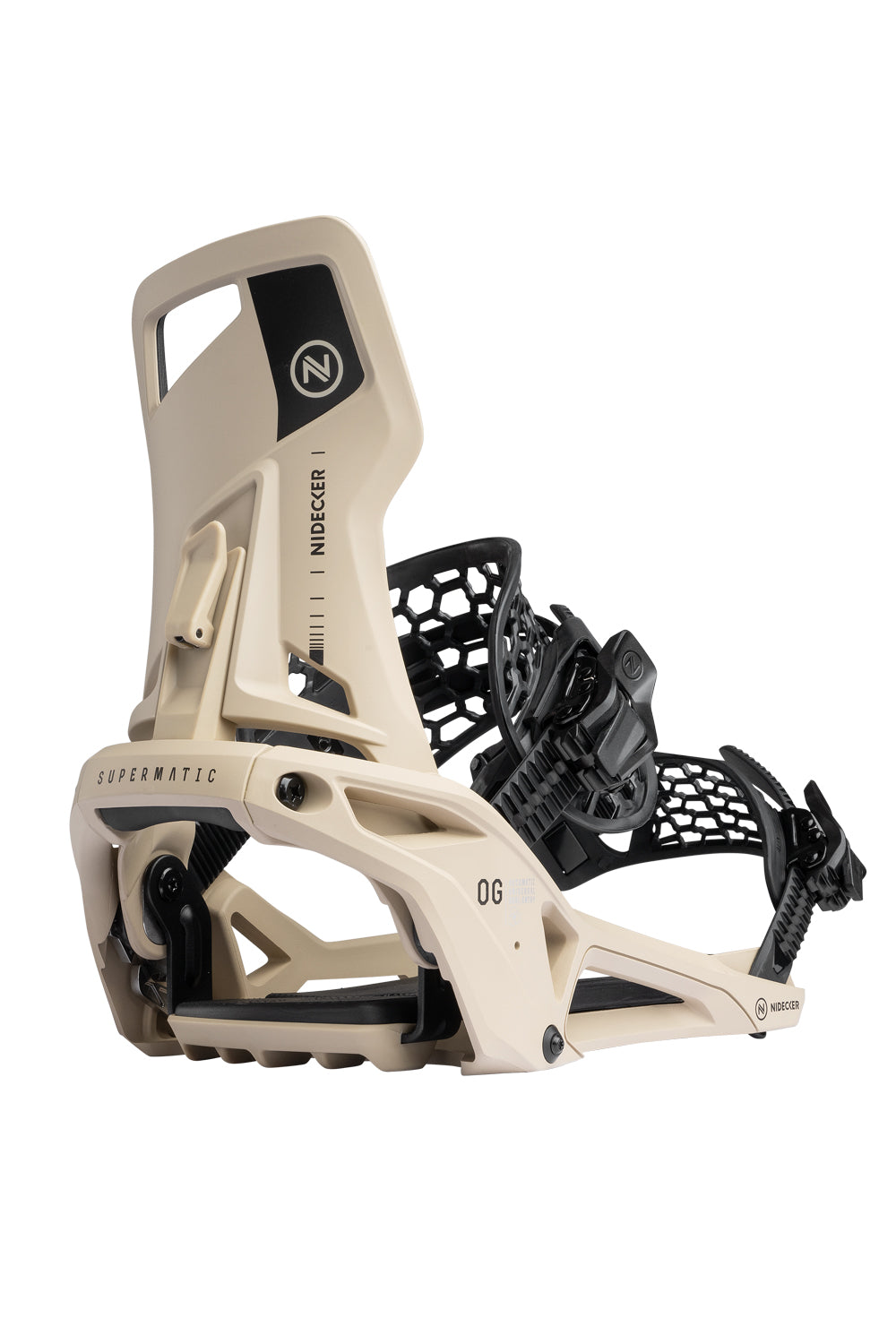 Sand and black snowboard binding on a white background