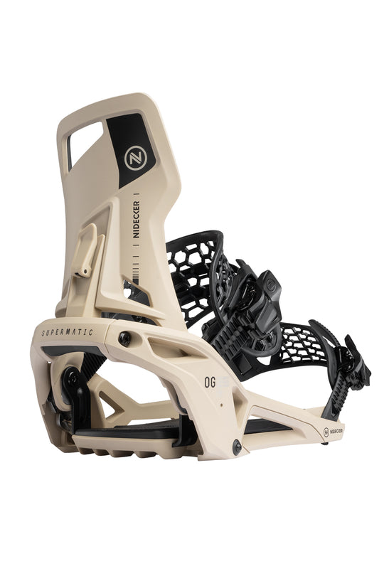 Sand and black snowboard binding on a white background