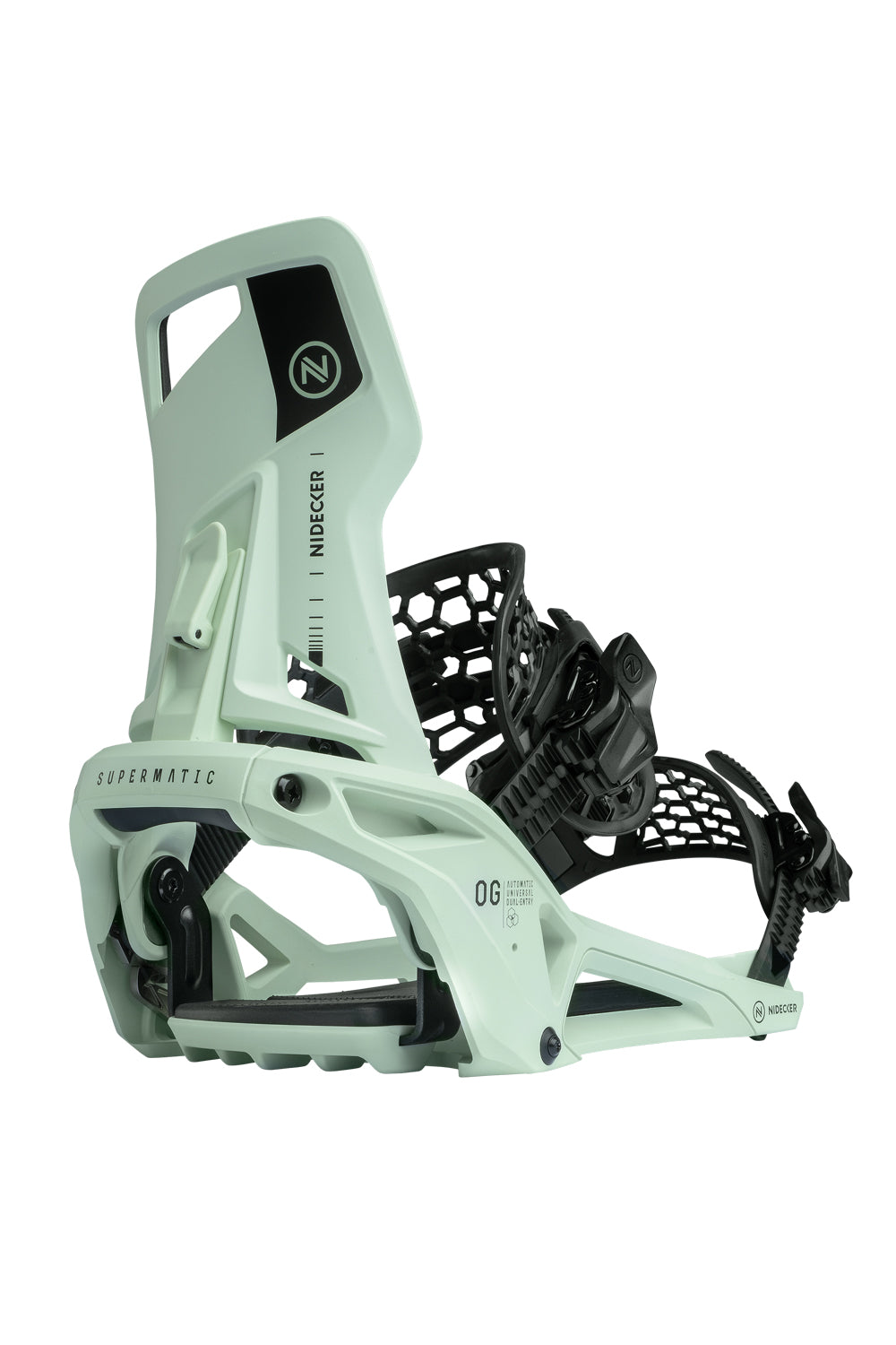 Light green snowboard binding with black hardware on a white background