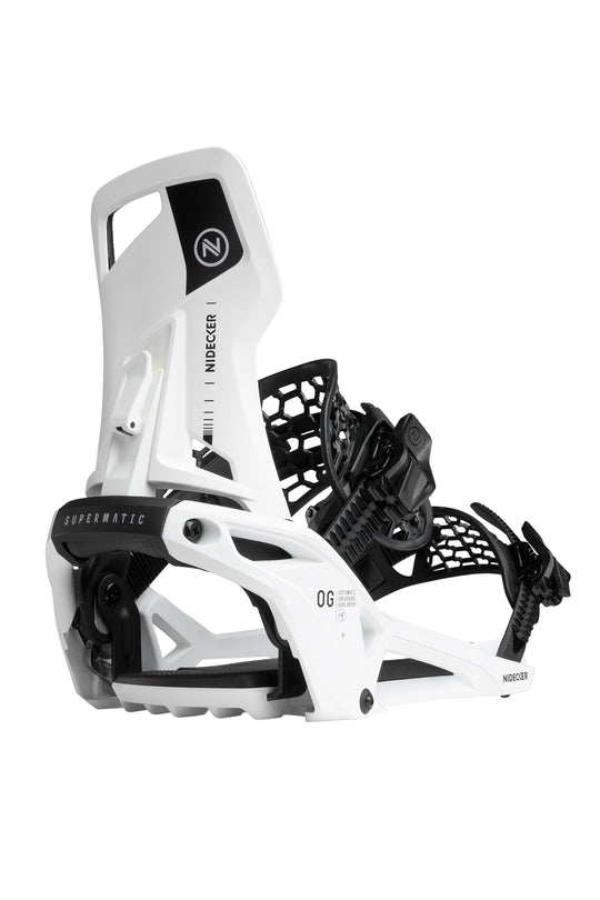 White and black snowboard binding on a white background