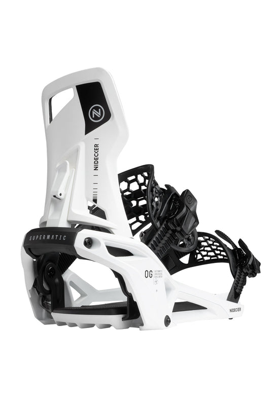 White and black snowboard binding on a white background