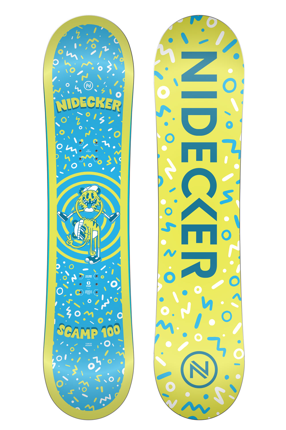 Nidecker Scamp kids' snowboard deck, blue and yellow,  on a white background.