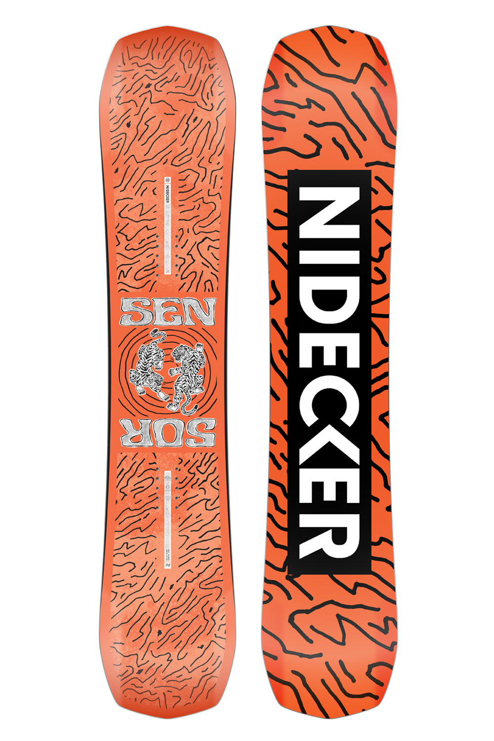 Orange kids' snowboard with 'Nidecker' branding on a white background