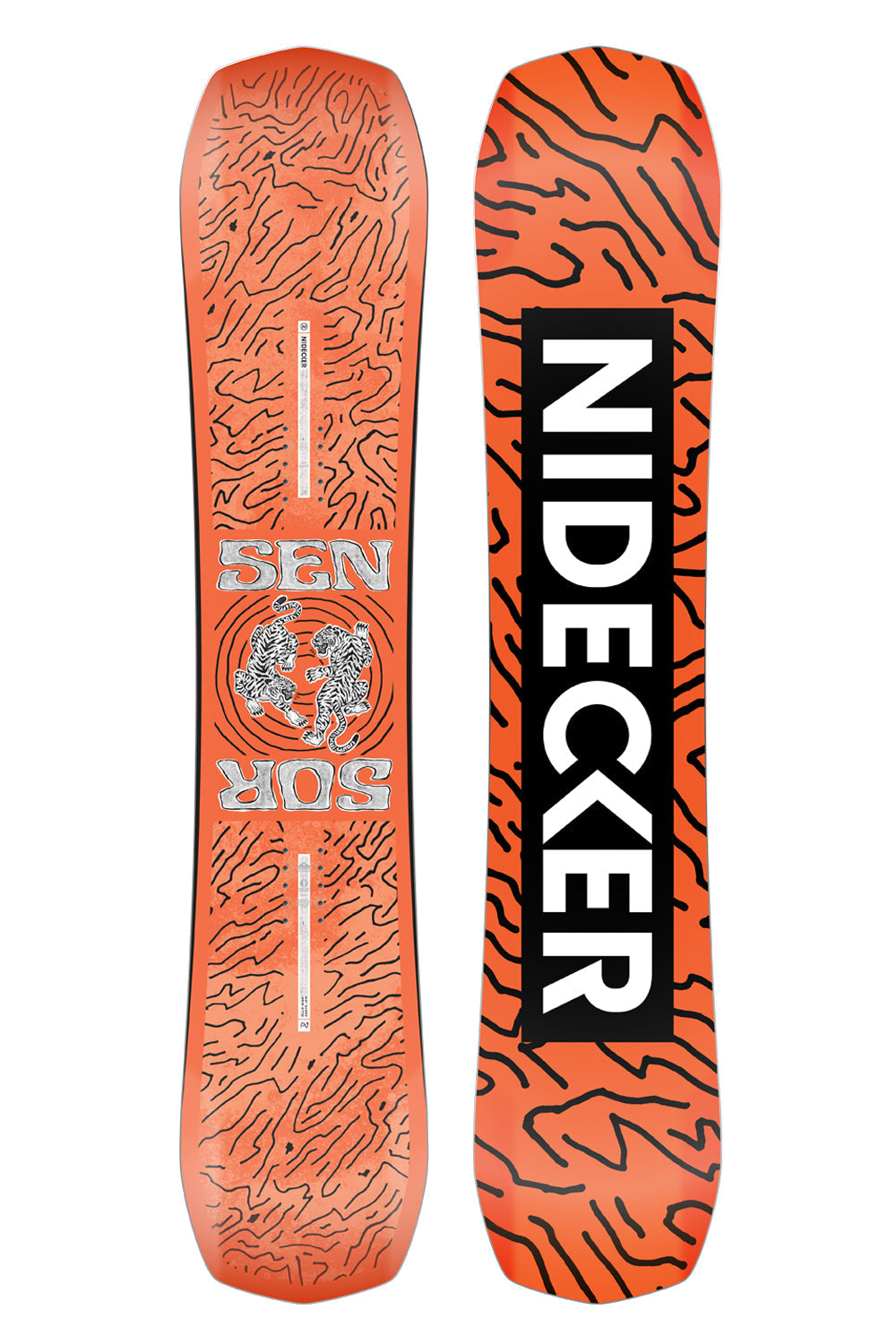 Orange kids' snowboard with 'Nidecker' branding on a white background