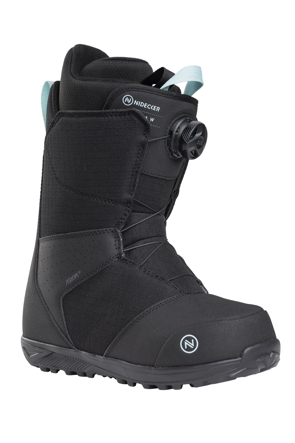 Black snowboard boots with Nidecker brand logo on a white background