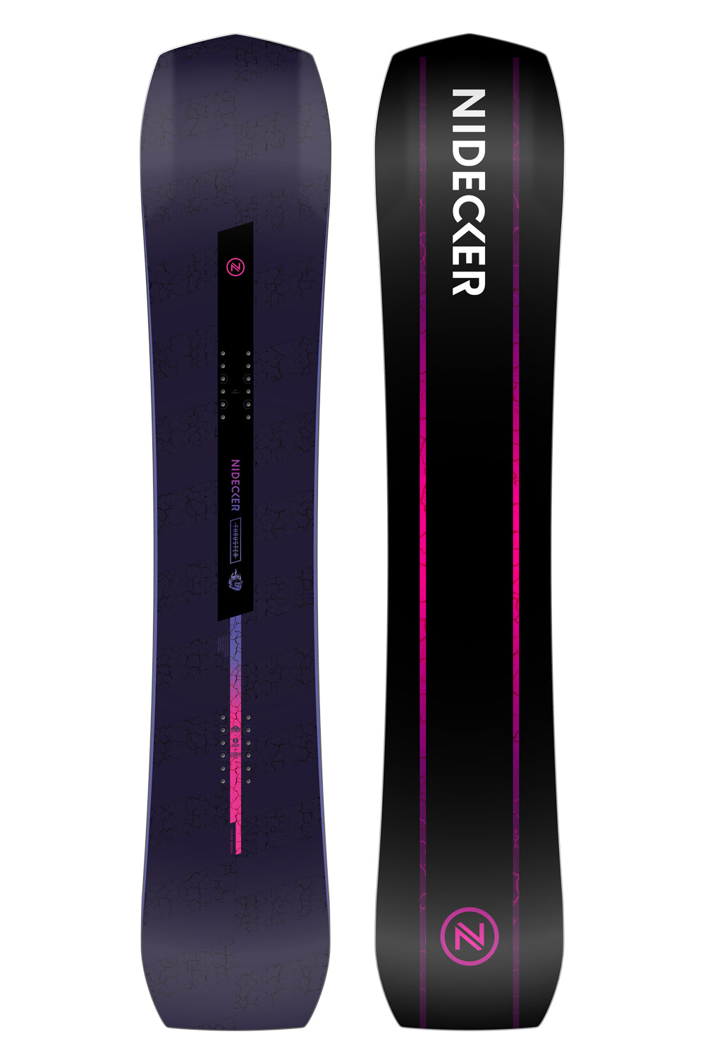 Nidecker snowboard with purple accents on a white background