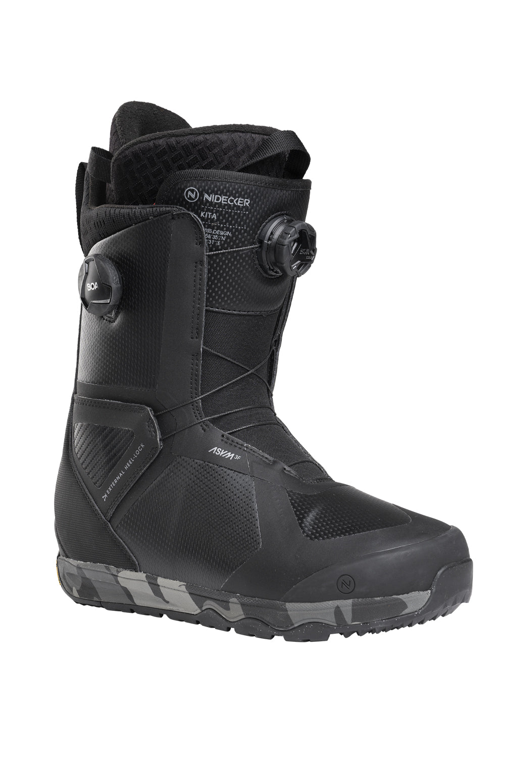 Black Nidecker snowboard boot with gray accents on a white background