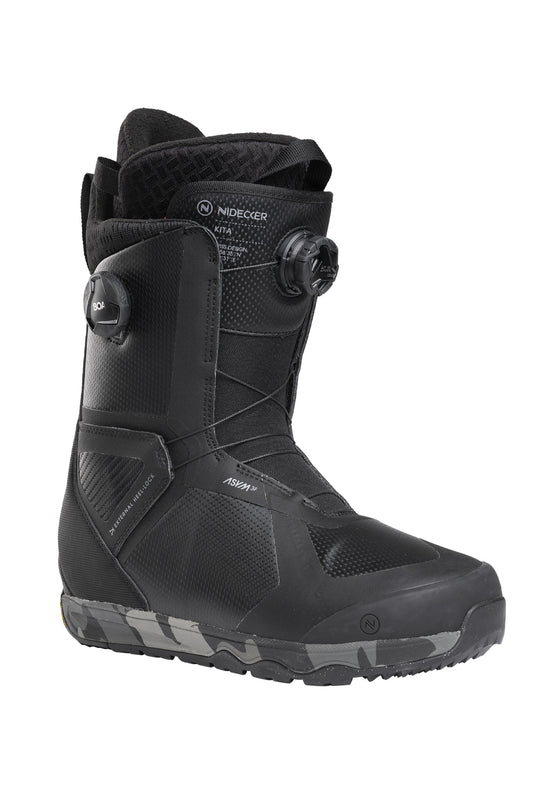 Black Nidecker snowboard boot with gray accents on a white background