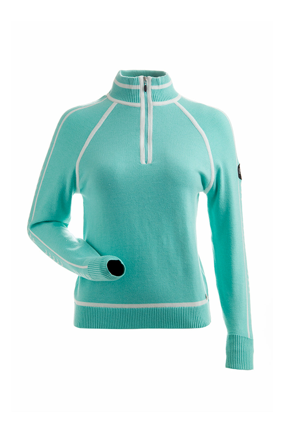 women's Nils Juniper sweater, aqua blue with white piping accents
