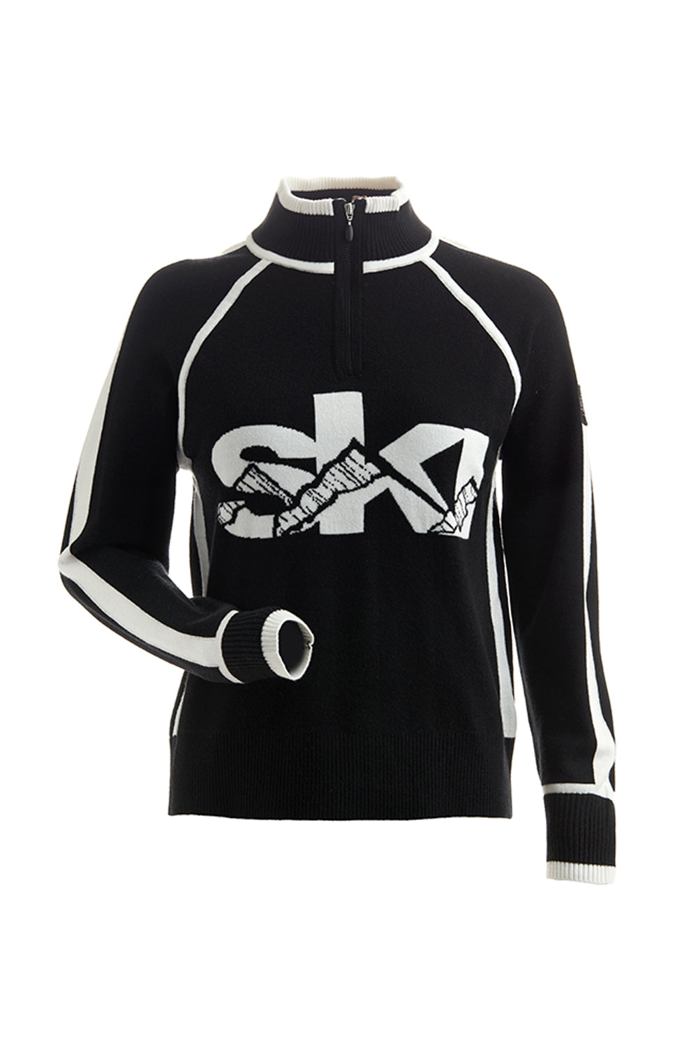 women's Nils Ski Sweater, black with "ski" in white and white accents