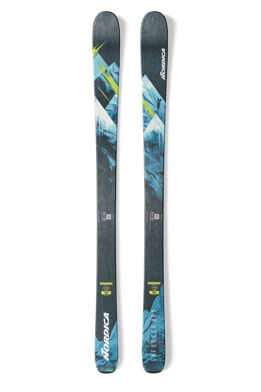Kid's Nordica Enforcer 80S skis with a mountain design on a white background