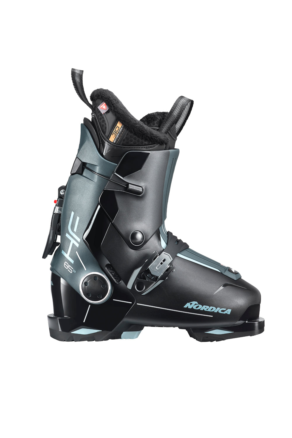 women's Nordica HF 85 ski boots, black with aqua accents