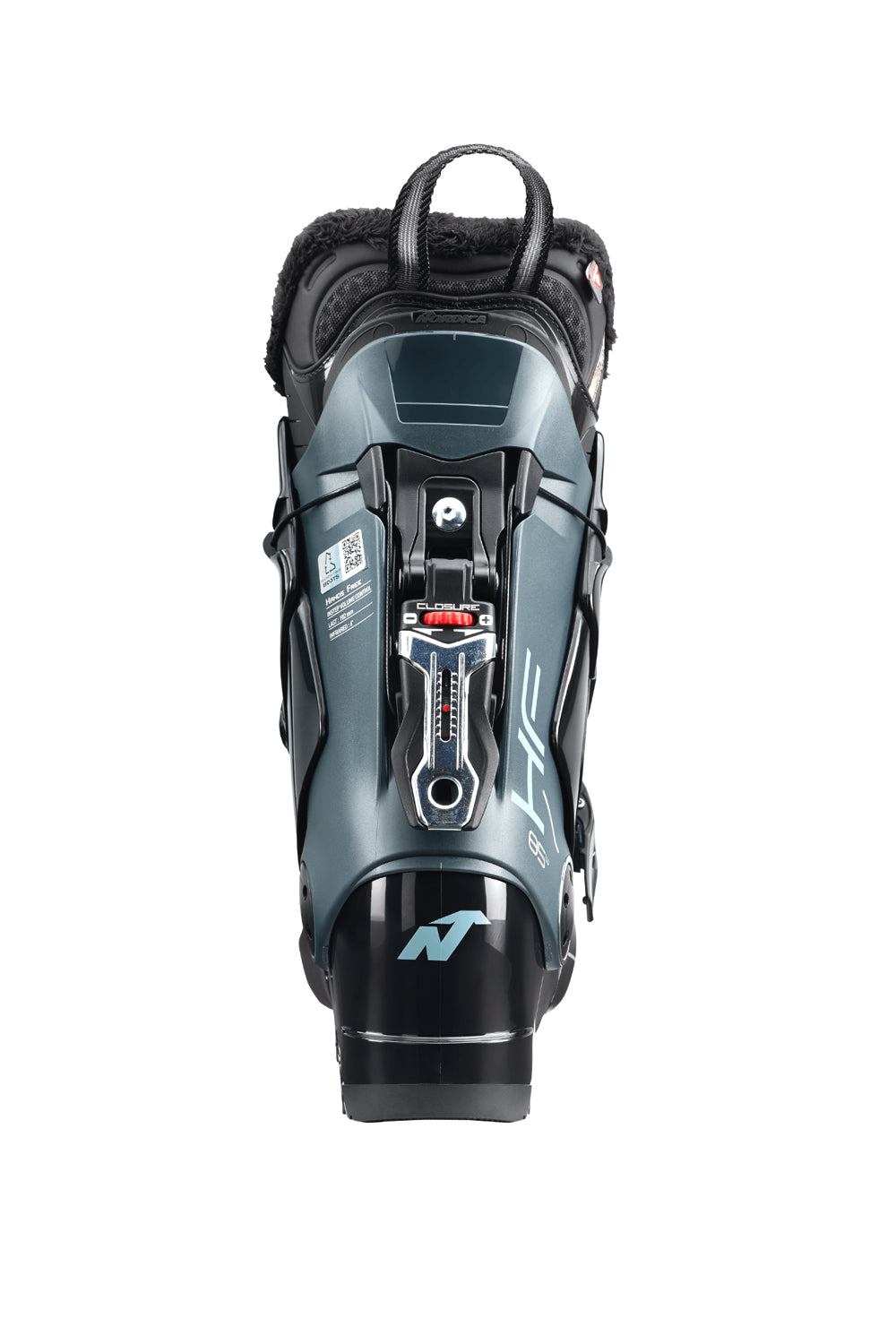 women's Nordica HF 85 ski boots, black with aqua accents