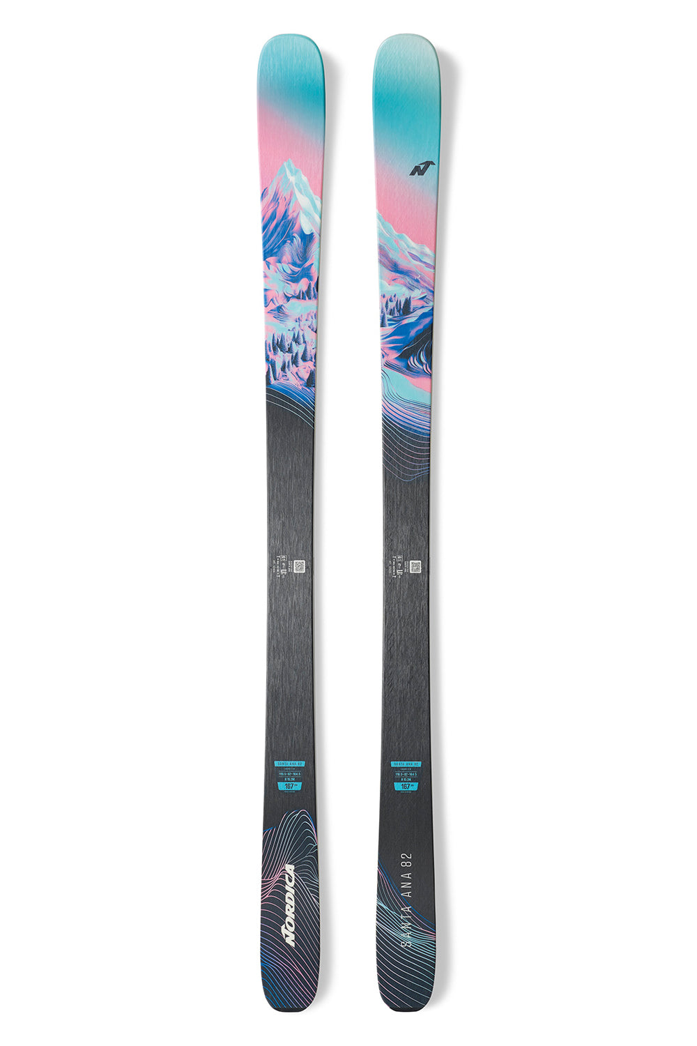 women's Nordica Santa Ana skis with a pastel mountain scene