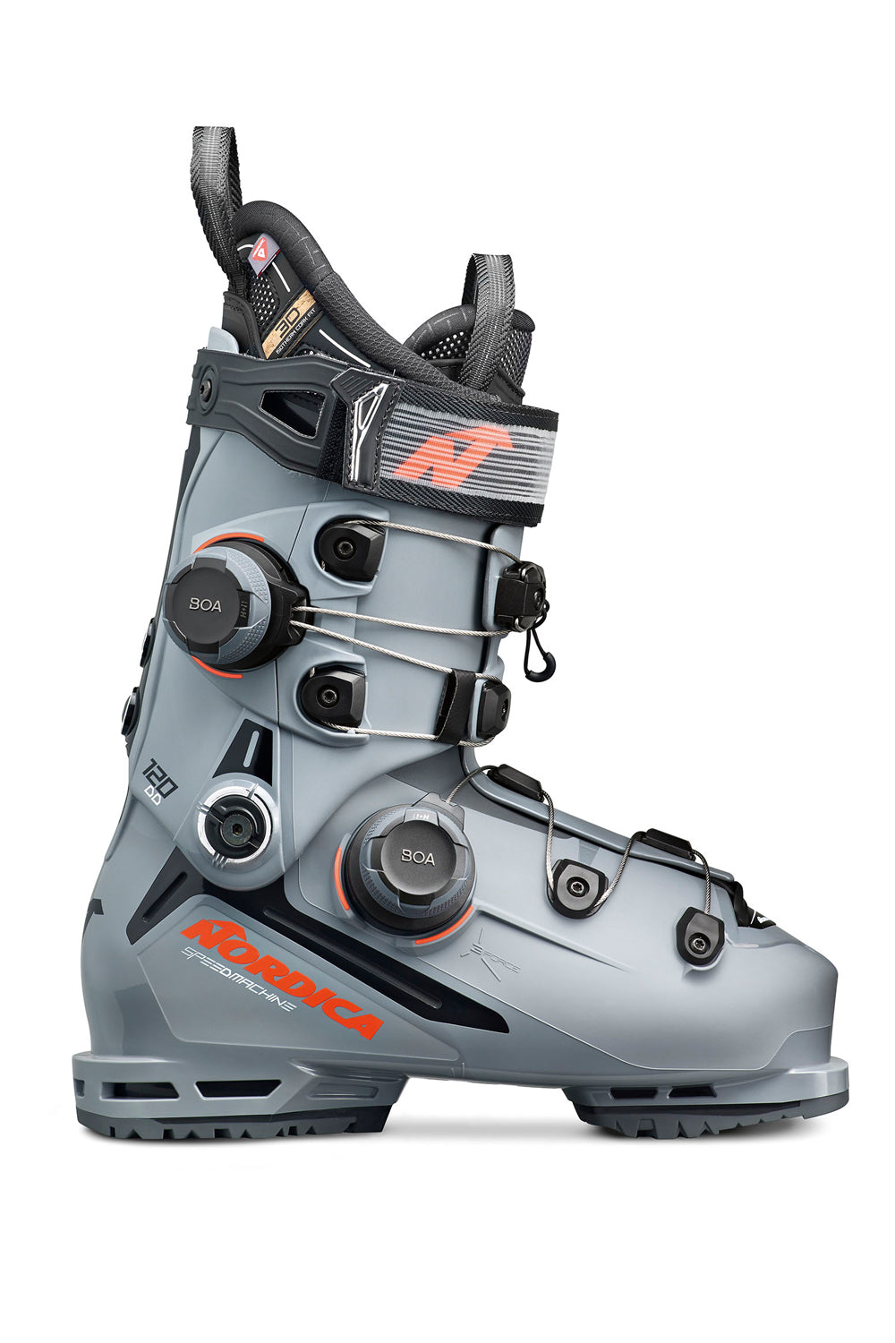 Gray ski boot with red Nordica branding on a white background