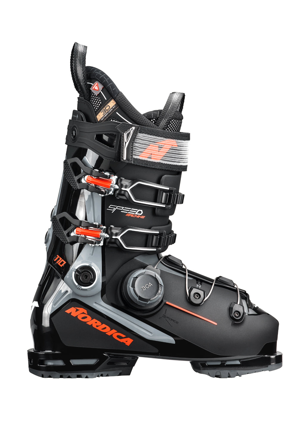 men's Nordica Speedmachine 3 110 BOA ski boots, black with gray and orange accents