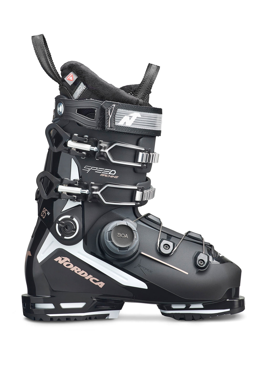 Black and gray ski boot with pink accents and Nordica branding on a white background