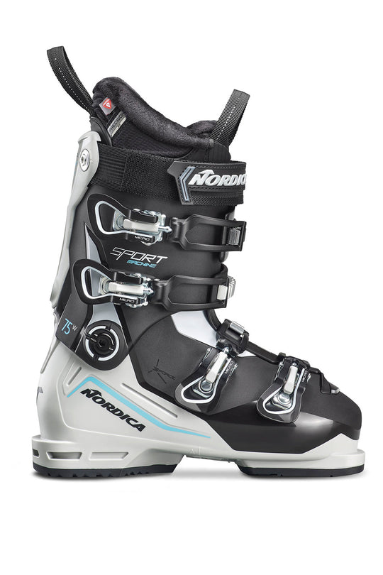 Black and white ski boot with  
teal accents and Nordica branding on a white background