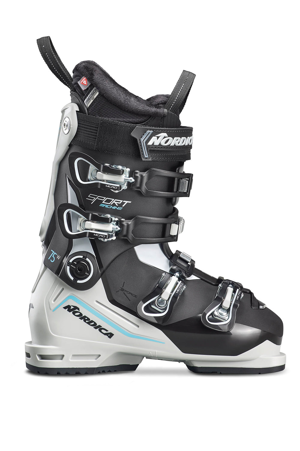 Black and white ski boot with  
teal accents and Nordica branding on a white background