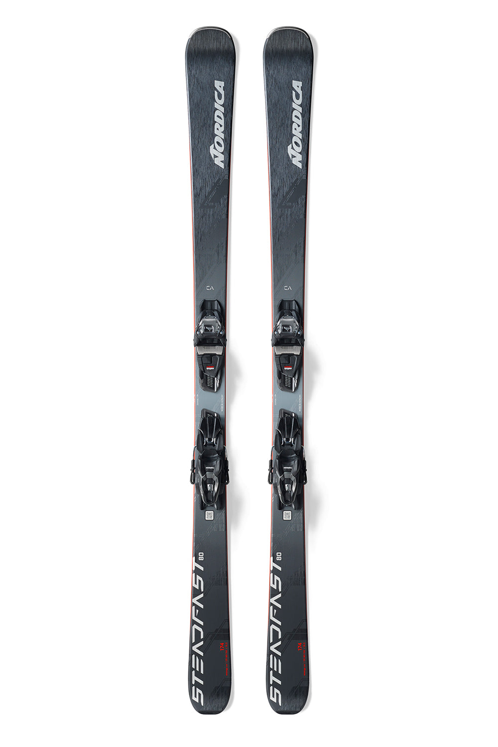 black Nordica Steadfast 80 skis with bindings on a white background