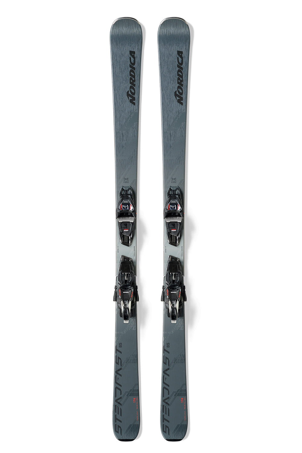 gray Nordica Steadfast 85 skis with black bindings on a white background