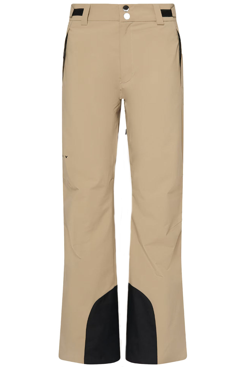 Beige ski pants with black accents on a white background
