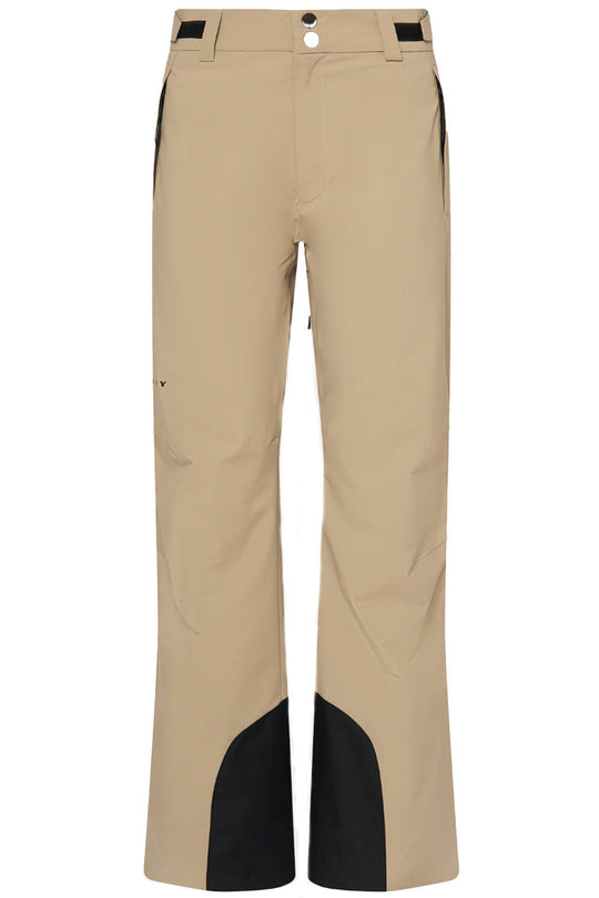 Beige ski pants with black accents on a white background