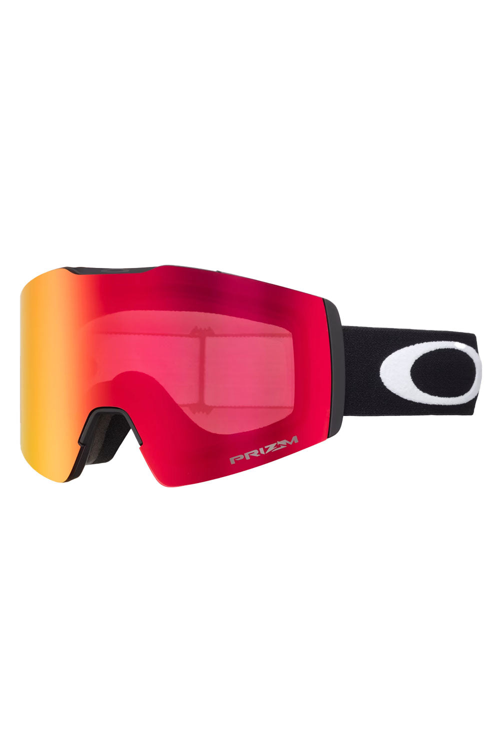 Red and yellow goggles with a black strap on a white background