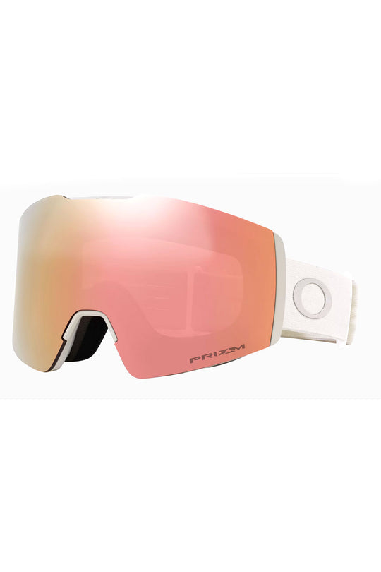 Ski goggles with pink lens and white frame on a white background