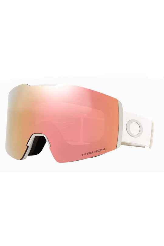 Ski goggles with pink lens and white frame on a white background