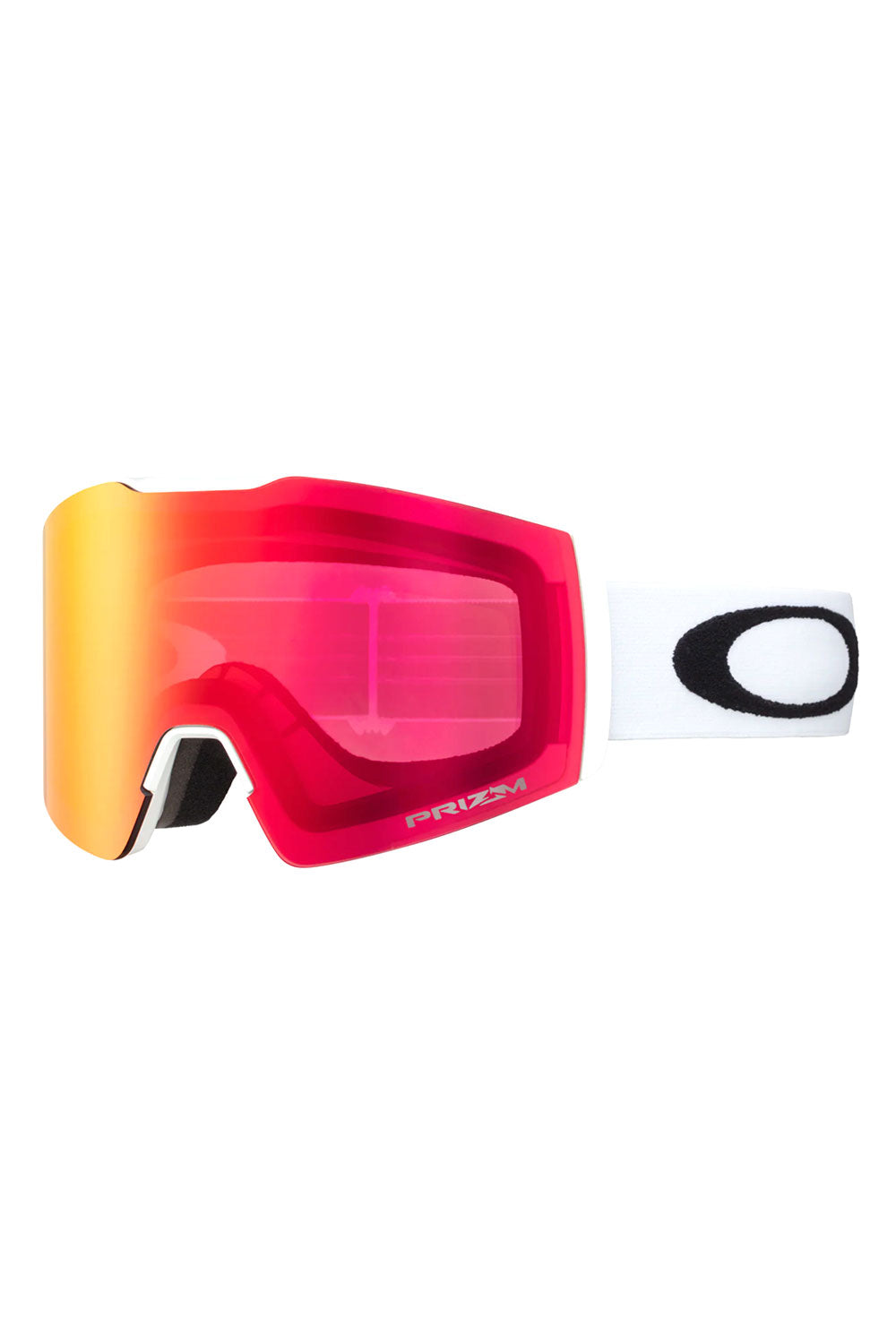Red and yellow goggles with Oakley logo on a white background