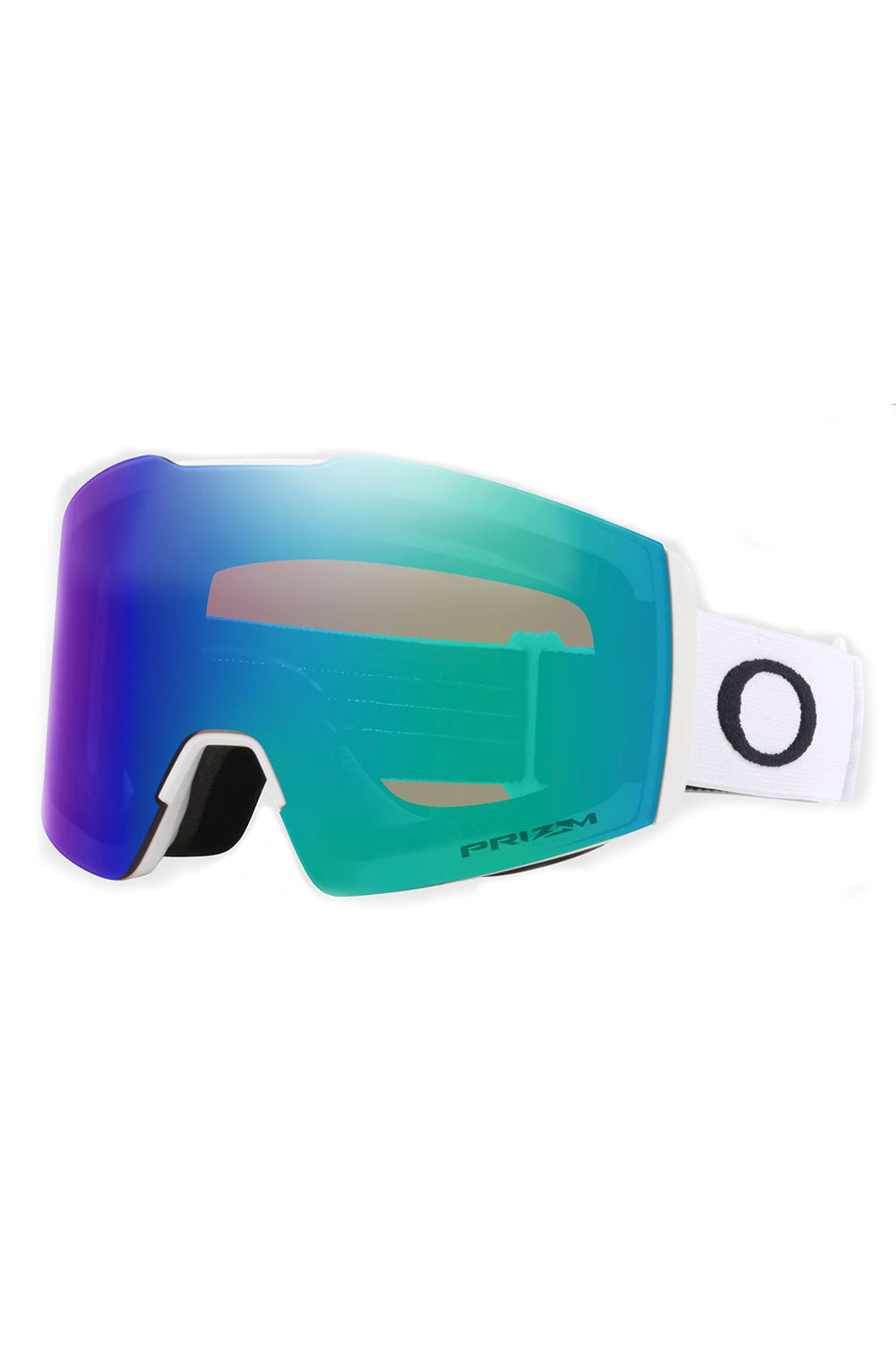 Green and purple ski goggles with a visible brand logo on a white background