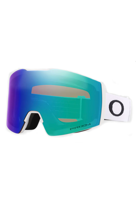 Green and purple ski goggles with a visible brand logo on a white background
