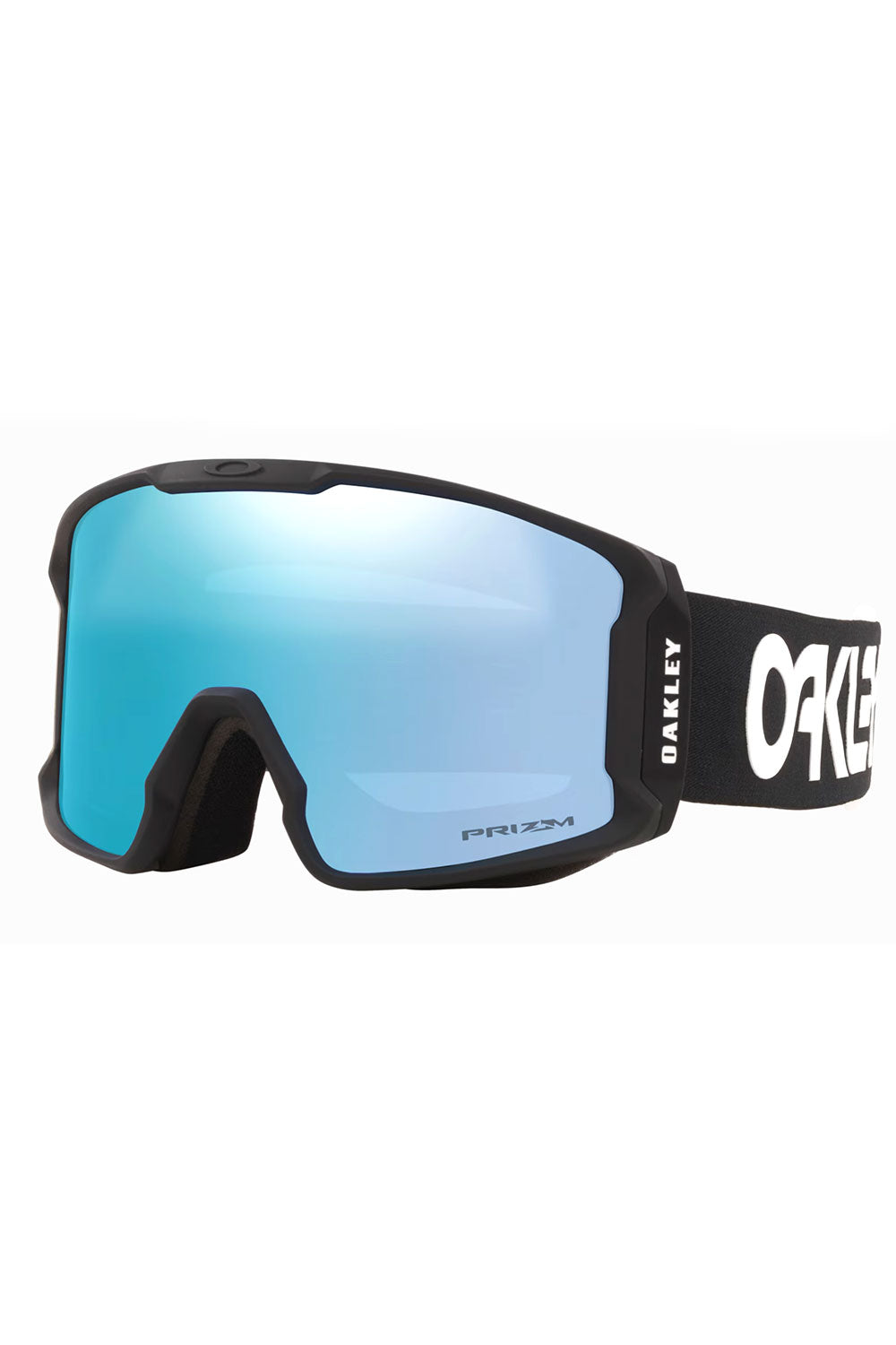 Oakley goggles with blue lens and black frame on a white background