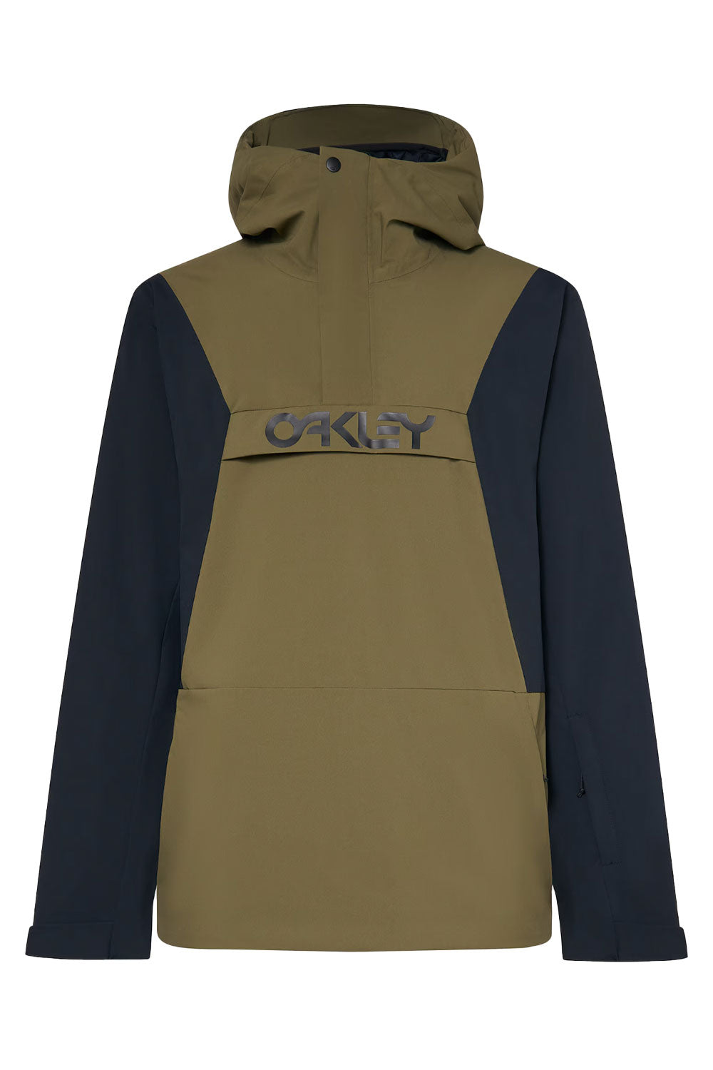 Two-tone jacket with a hood on a white background, featuring the Oakley logo.