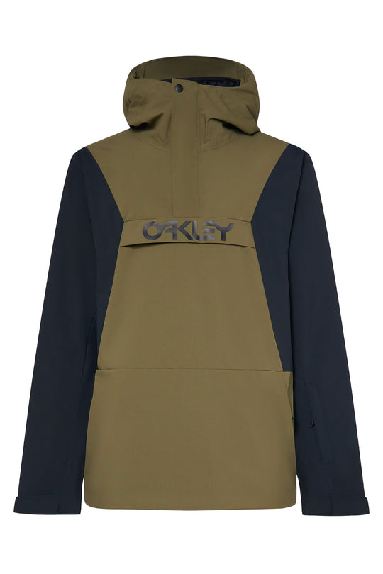 Two-tone jacket with a hood on a white background, featuring the Oakley logo.