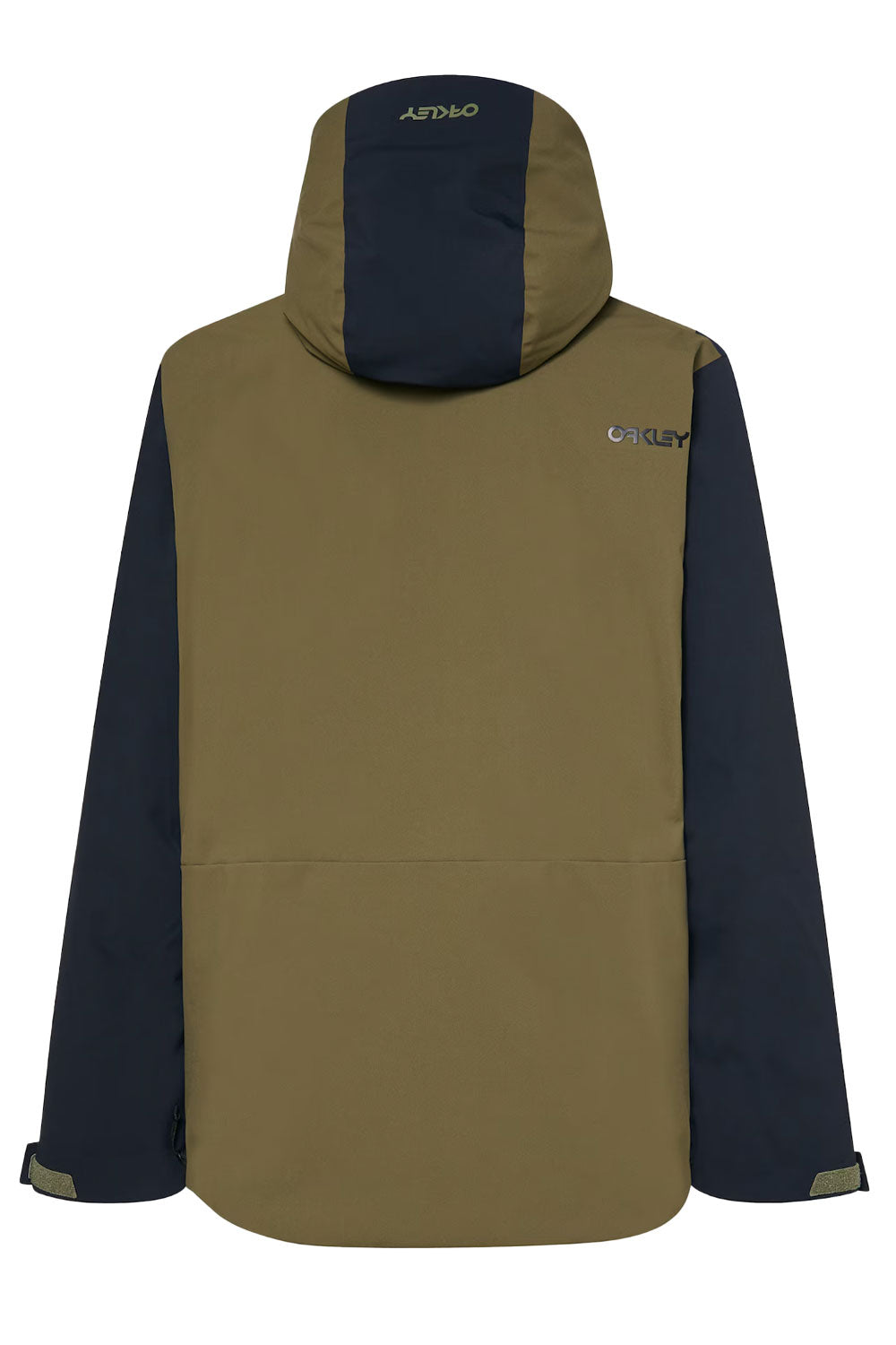 Back view of a two-tone jacket with a brand logo on a white background
