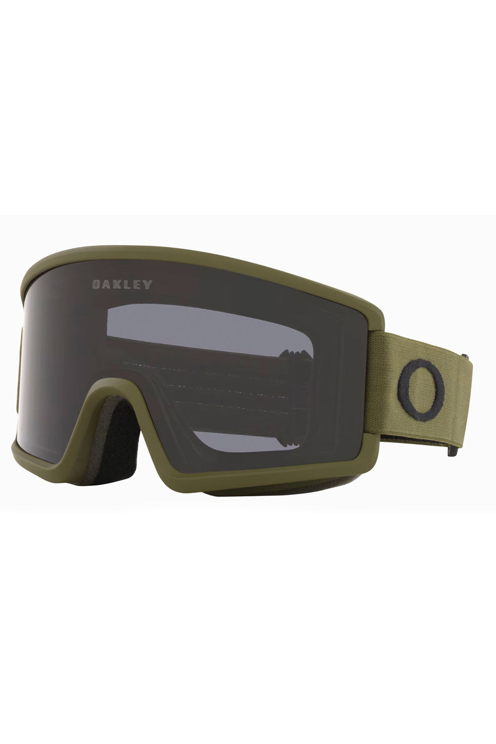 Oakley goggles with a green frame and dark lens on a white background