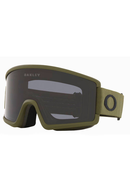 Oakley goggles with a green frame and dark lens on a white background