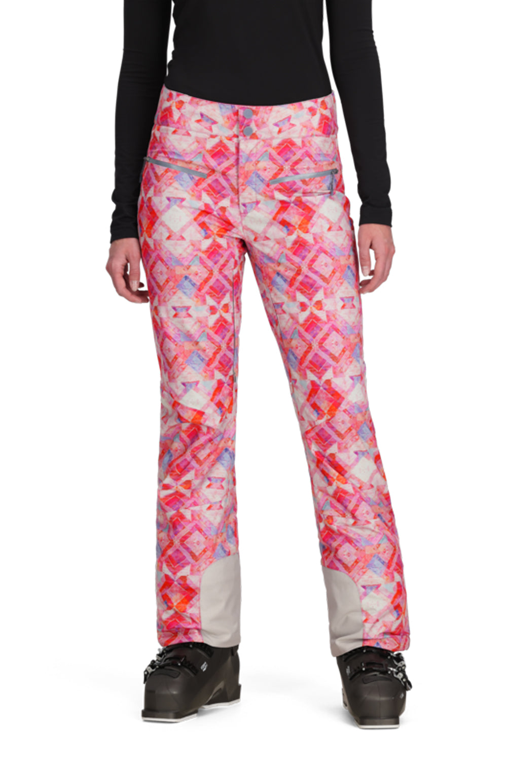 Person wearing colorful patterned pants on a white background