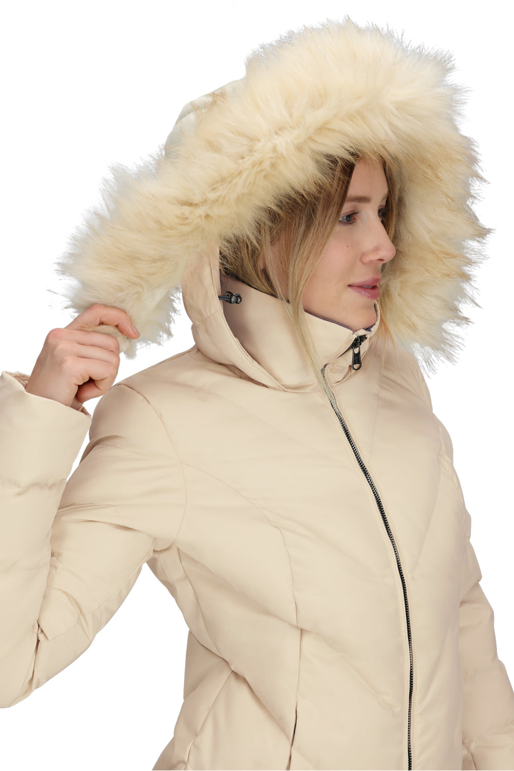 Woman wearing a beige winter coat with a fur-lined hood on a white background