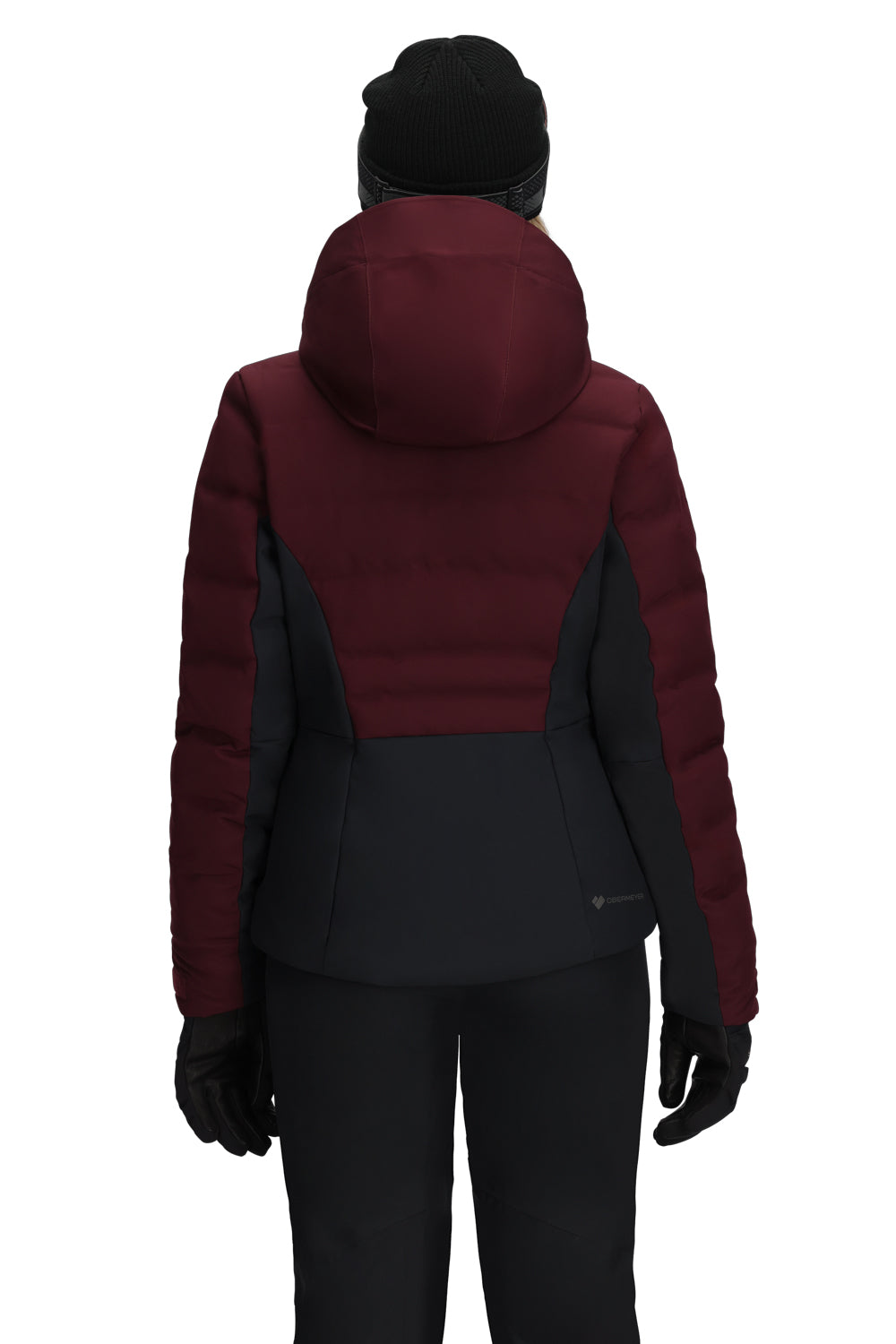 Maroon and black ski jacket worn by a person on a white background