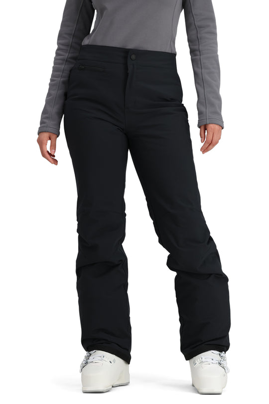 Black ski pants worn by a person on a white background