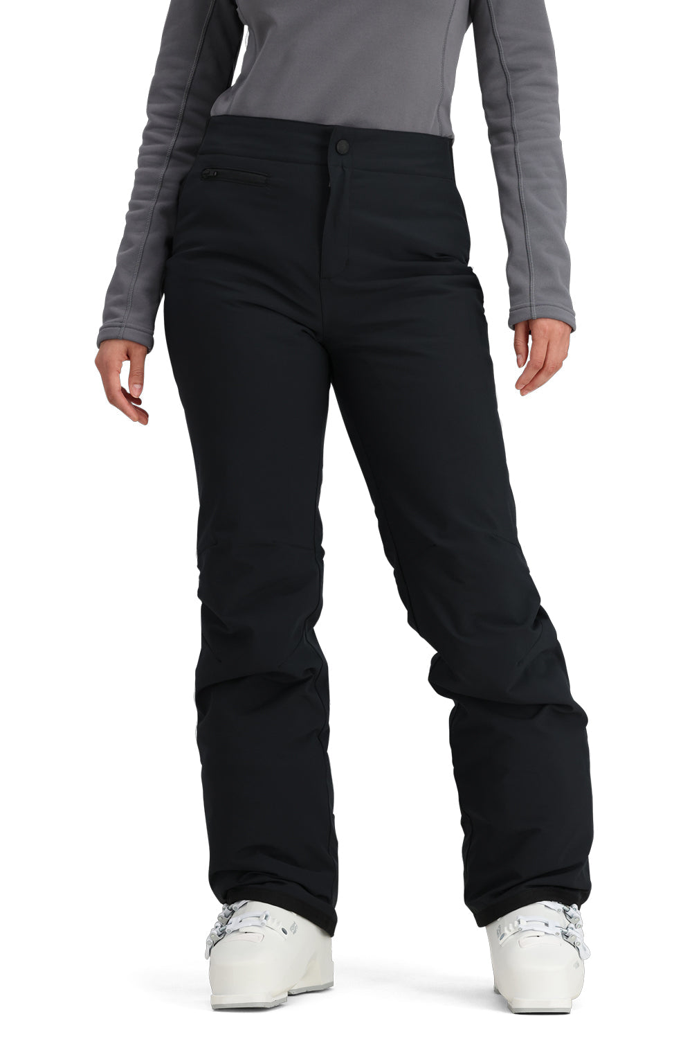 Black snow pants worn by a person on a white background