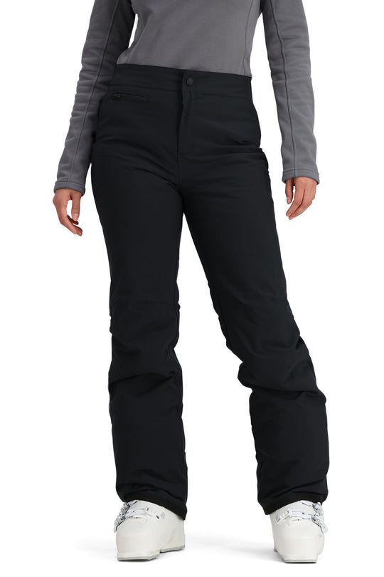 Black snow pants worn by a person on a white background