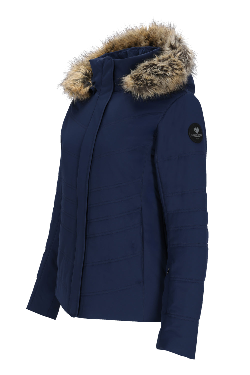 Blue ski jacket with fur-lined hood on a white background